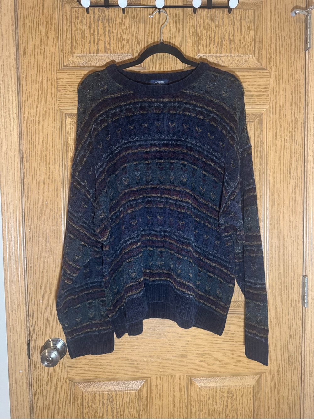 Dockers Men's Navy Green Brown Patterned Crewneck Sweater